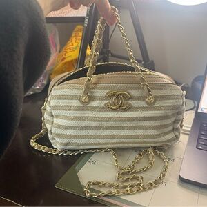 Beige and Gold Striped Small Top-Handle Crossbody Bag